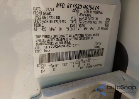 2016 Ford F-250 Xlt из США, поврежденный, VIN 1FT7W2A69GEC16213